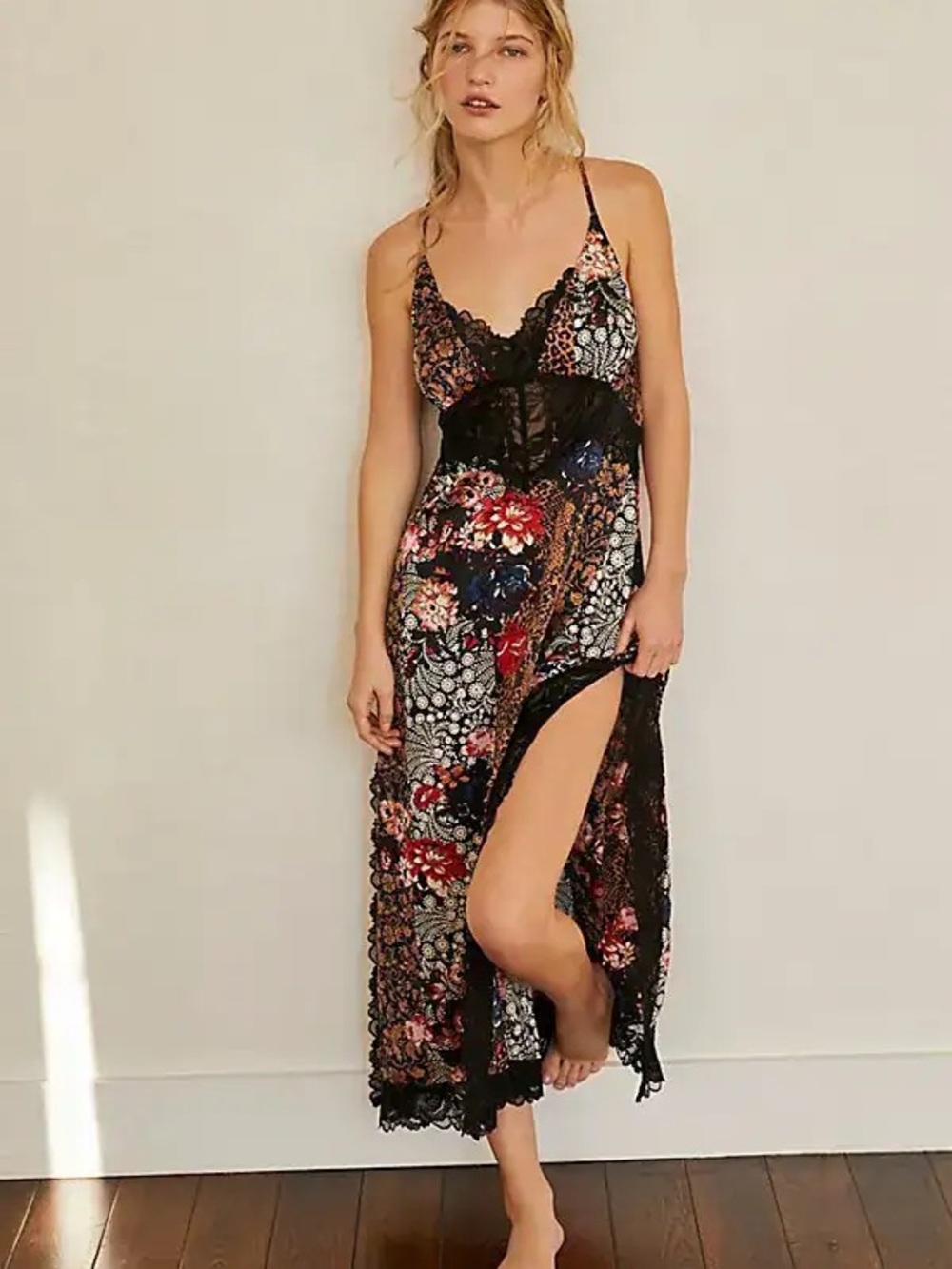 Free People Black Floral Mixed-Print Lace-Trim Maxi Slip Dress - Picture 2 of 12
